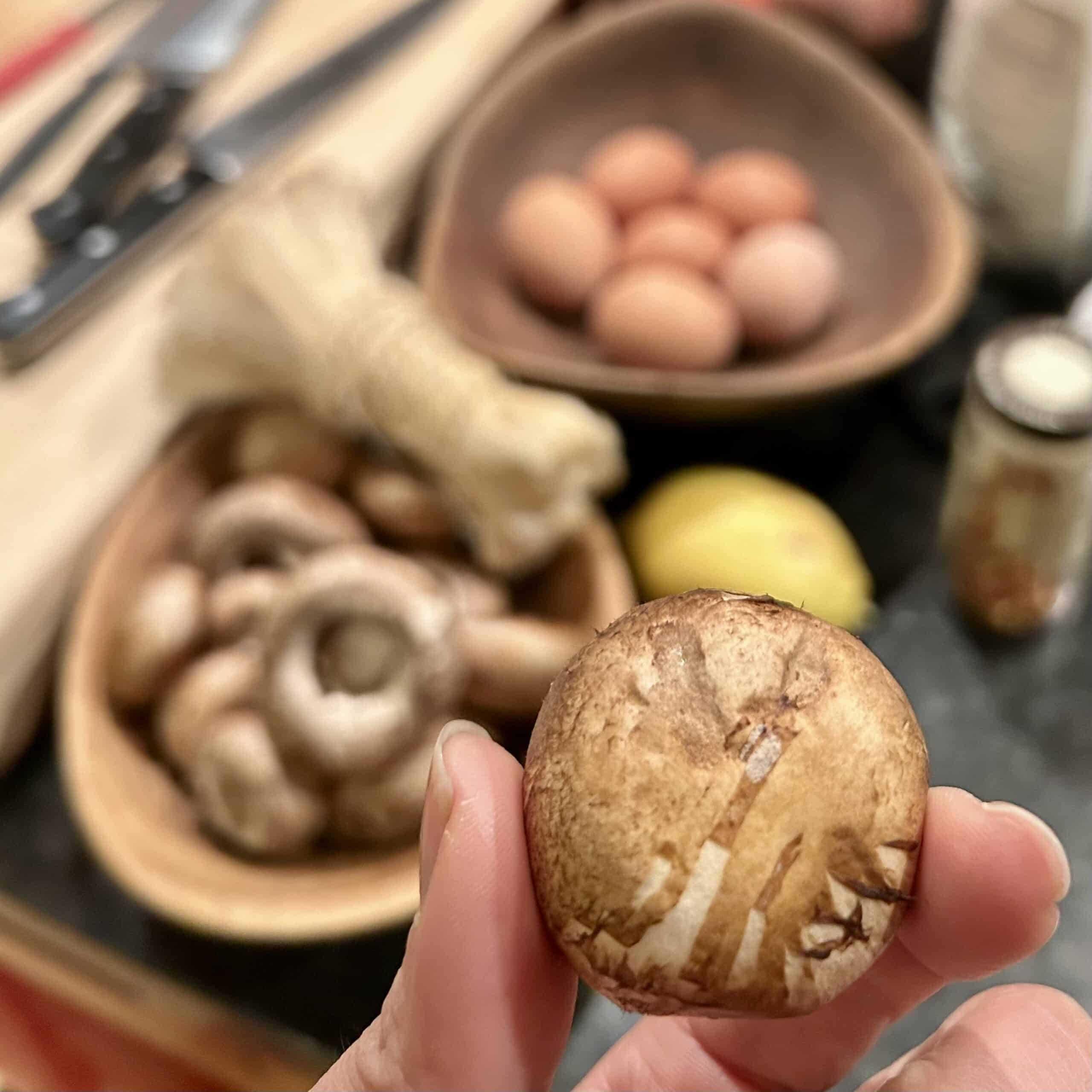 Fresh mushroom held in hand with kitchen ingredients in the background.
