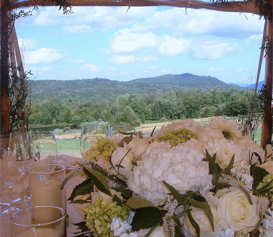 Outdoor wedding reception with floral arrangements and mountain scenery.