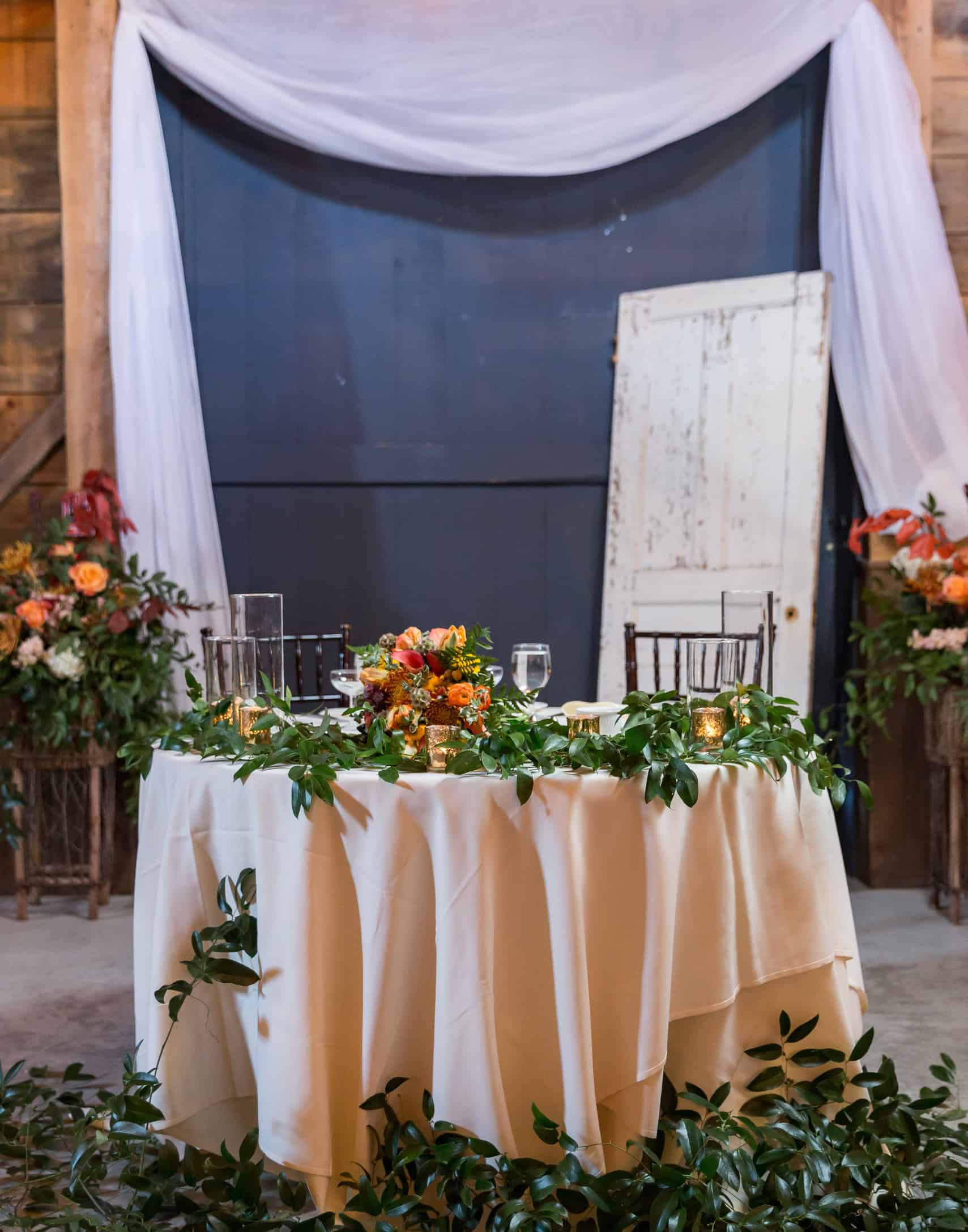 Beautifully decorated wedding table with floral arrangements and elegant decor.