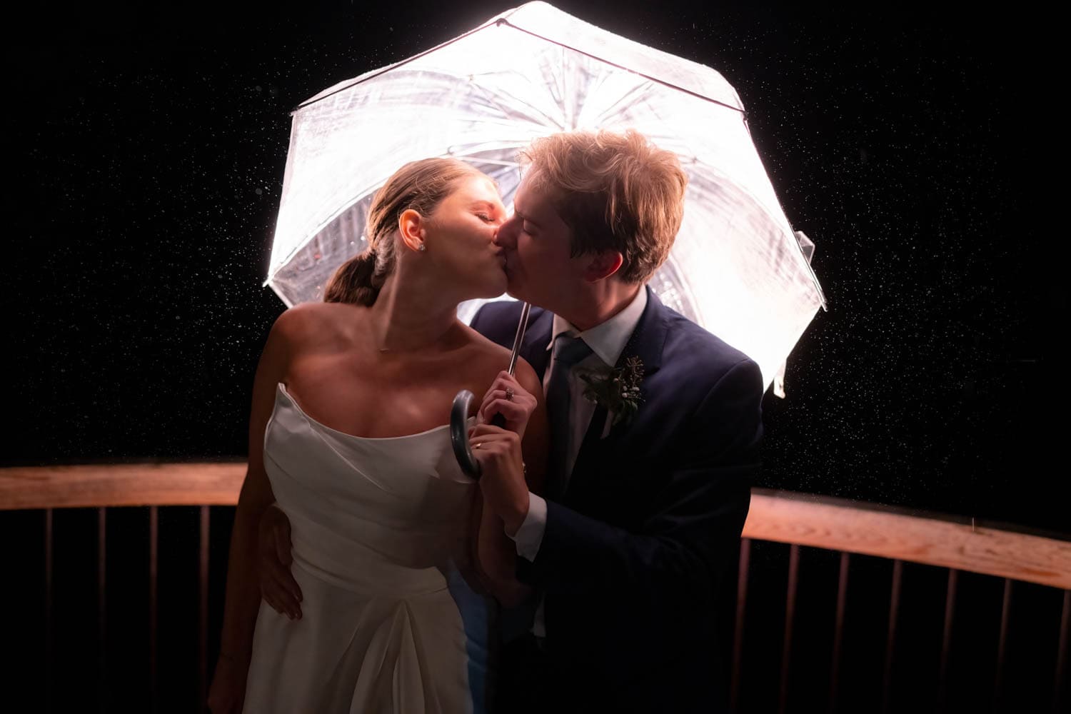 Elegant wedding couple sharing a kiss under a transparent umbrella in the rain.